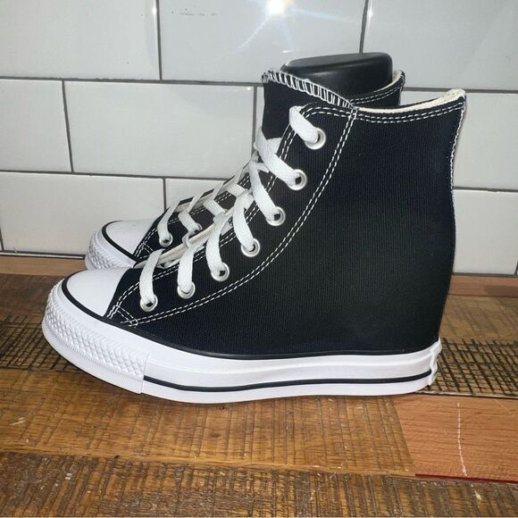 Converse Women All Star Platform Hidden Wedge Heel Sneakers Chuck Taylor Black - Picture 2 of 5